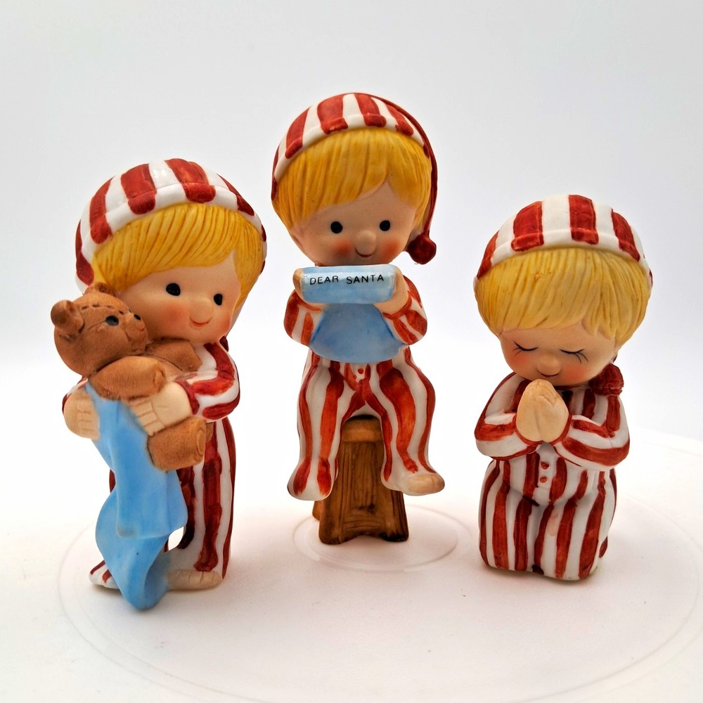 Enesco Set of 3 Ceramic Hand Painted Christmas Children Santa Striped Figurines